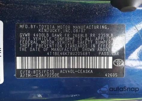 2008 Toyota Camry Se from USA, damaged, VIN 4T1BE46K78U205681